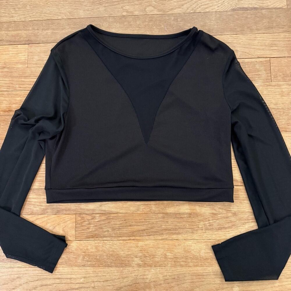 Black sheer front long sleeve crop top blouse shirt size XL
 b66